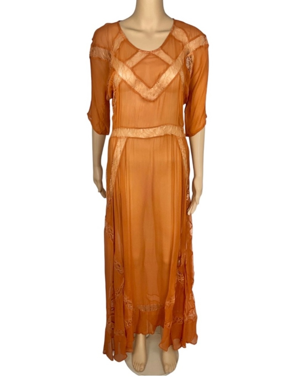 Silk Chiffon Orange Maxi Dress Lace Trim Sheer Shakuhachi Boho Size 6